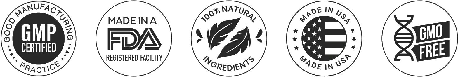 GMP Certified, FDA Registered Facility, 100% Natural, Made in USA, GMO Free